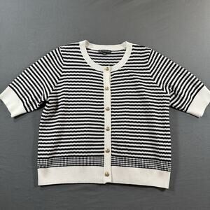 Adrianna Papell Black White Striped Knit Cardigan Sweater Short Sleeve L